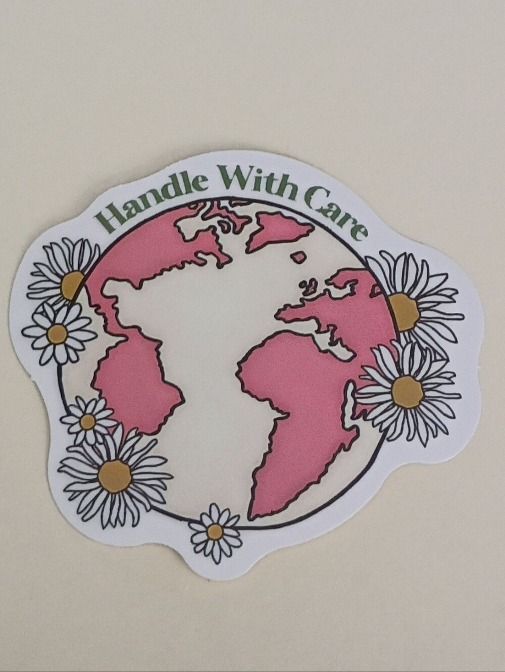 10/$10 Sticker Decals - Handle With Care - Earth Pink Land Daisies Around Globe